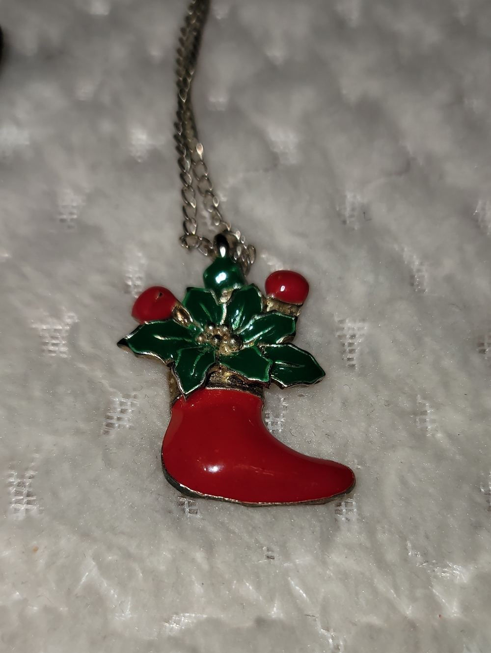 Festive Red Boot Pendant Necklace with Green Poinsettia